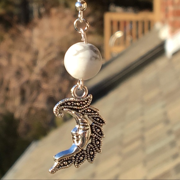 White Howlite Crescent Moon Dangle Earrings - Picture 8 of 9